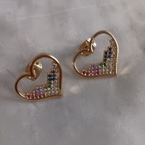 Gold Heart Earrings with Multicolor Stones